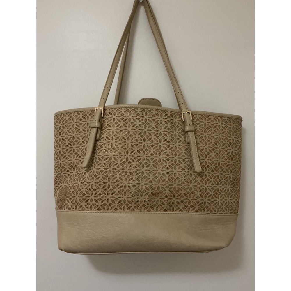 Urban Expressions Beige Laser Cut Tote Bag Vegan Leather Shoulder Bag with Pouch